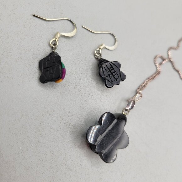 Zuni Fetish Turtle Necklace Earrings Set Jet Faux Stone Overlay - Picture 3 of 4